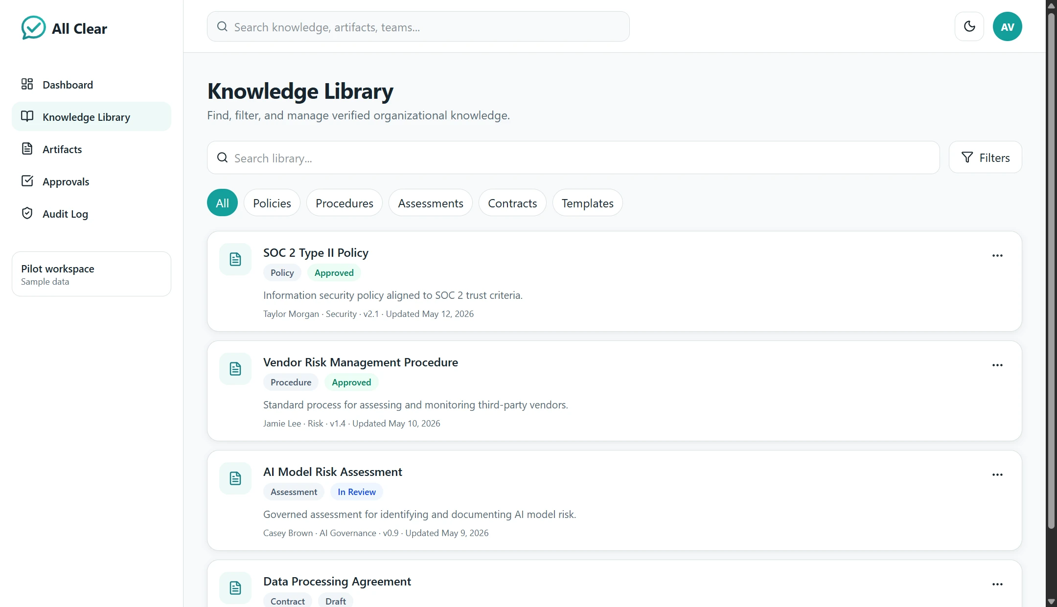 All Clear knowledge library: a filterable list of governed artifacts